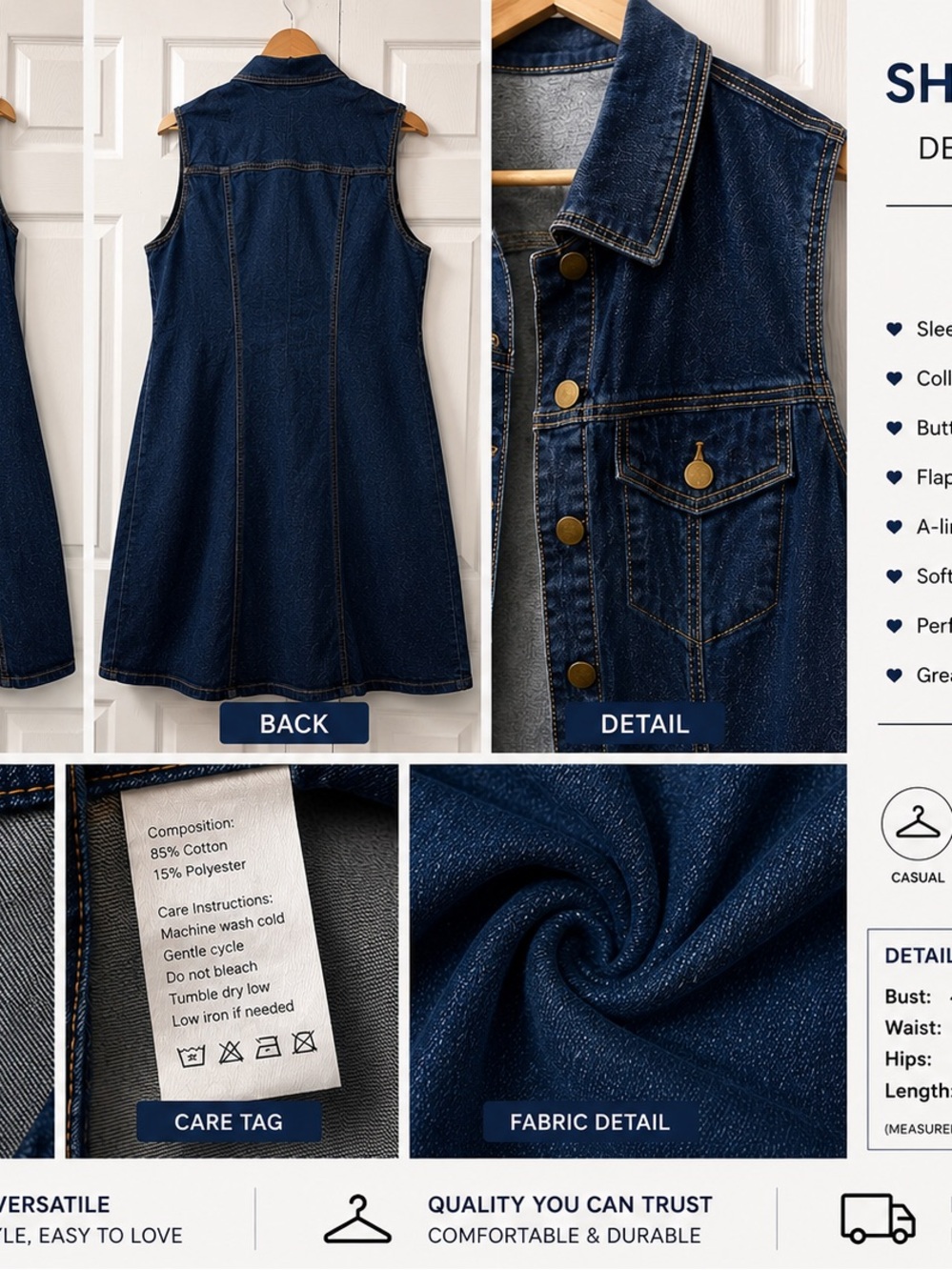 SHEIN Dark Indigo Denim Button-Front Sleeveless Dress
